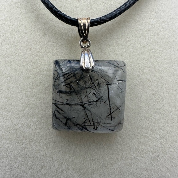 Black rutile square pendant on 16” black rope with extender - Picture 2 of 6